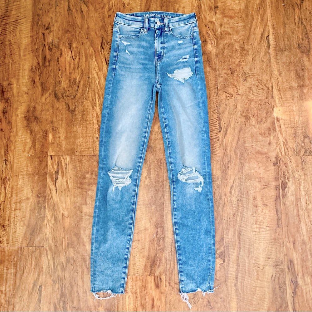 American Eagle Super Hi Rise Jegging Jeans Womens Blue Destroyed Denim Size 00